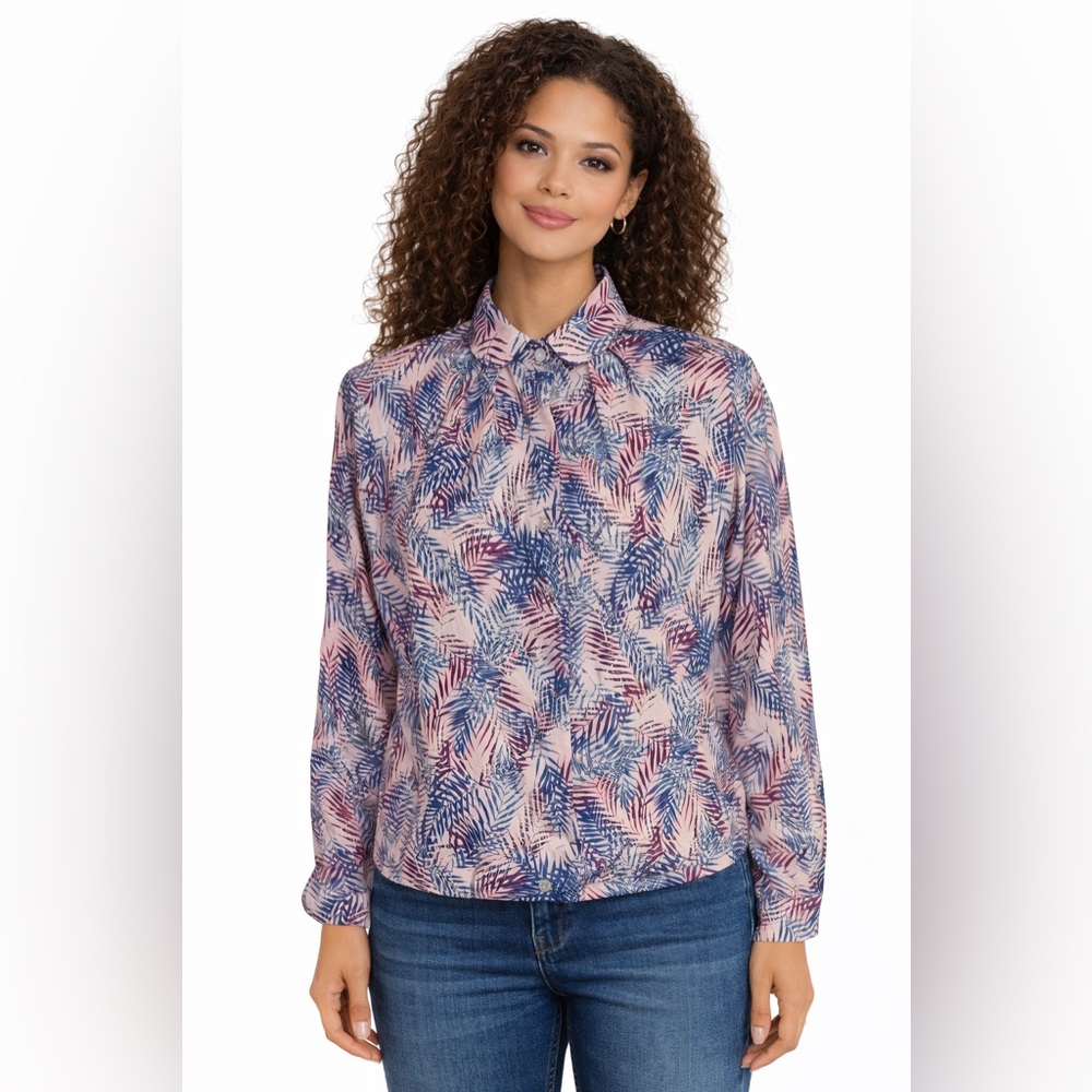 Vintage 70s Pastel Tropical Leaf Button Up Blouse Pink Blue Collared Shirt